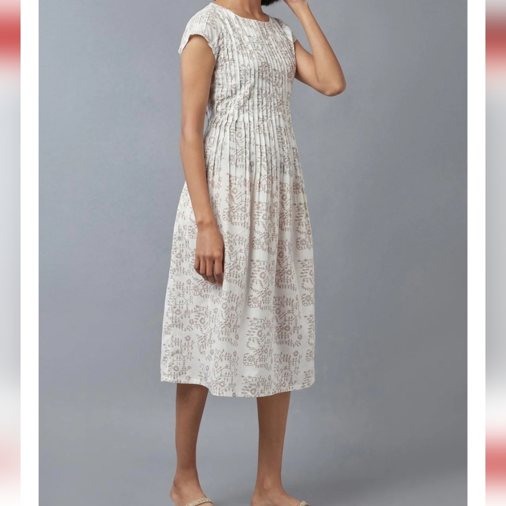 W for Woman Ecru Flora Print Pleated Kurta with Boat Neck